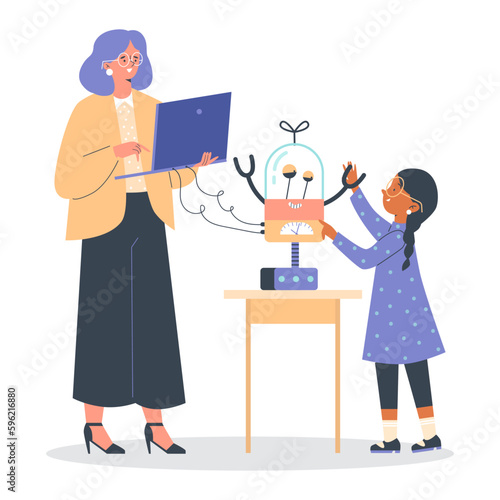 Child presents a robot in school projects competition, flat vector isolated.