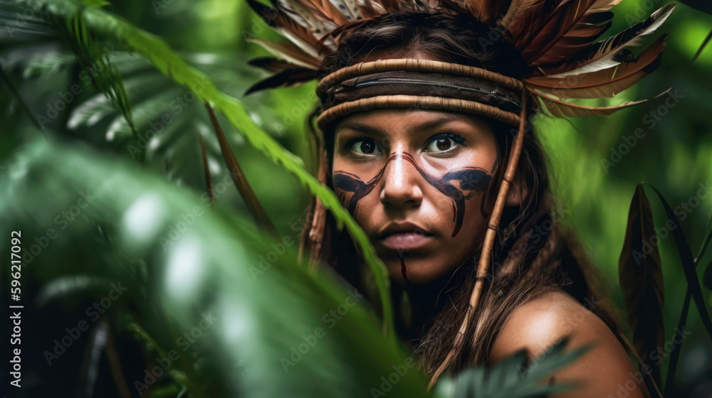 Close portrait of a savage amazon tribe woman in the jungle. Generative