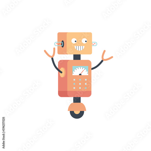 Cute smiling comic robot android cartoon flat vector illustration isolated.