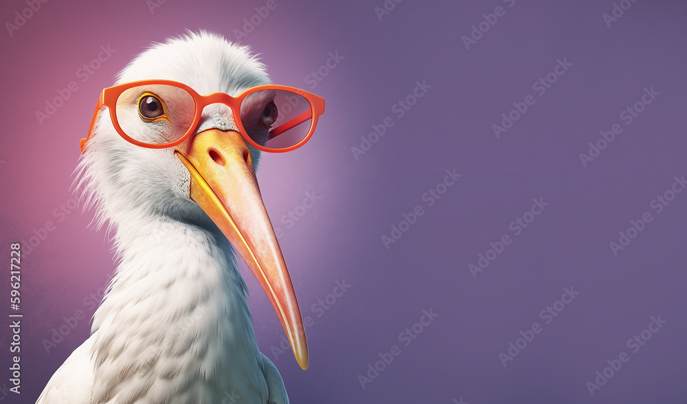 Fototapeta premium Creative animal concept. White stork bird in sunglass shade glasses isolated on solid pastel background, commercial, editorial advertisement, surreal surrealism. 