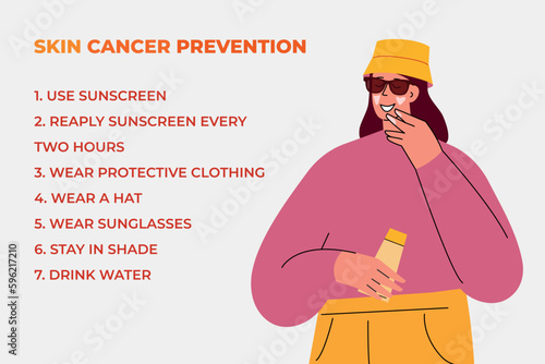 Sun protection infographic. Skin cancer prevention infographic. Skin protection and sun safety infographics. Vector illustration