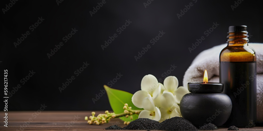 Spa composition with alight candles and beautiful flowers on wooden background. Massage therapy for one person with candle light. Space for text. Digital art
Spa composition with alight candles and beautiful flowers on wooden background. Massage therapy for one person with candle light. Space for text. Digital art