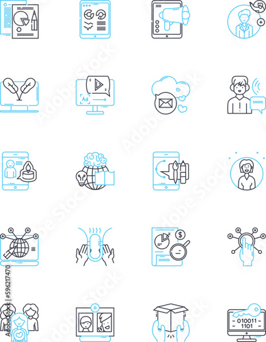 Virtual presence linear icons set. Avatar, Teleportation, Immersion, Augmented reality, Virtual environment, Cybernetics, Hologram line vector and concept signs. Teleconferencing,Remote access
