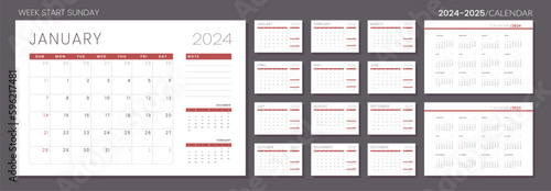 2024 - 2025 Calendar Planner Template. Vector layout of a wall or desk simple calendar with week start sunday. Set of monthly and annual page calendar in minimalist corporate design for print.