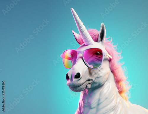 Creative animal concept. Unicorn in sunglass shade glasses isolated on solid pastel background, commercial, editorial advertisement, surreal surrealism. 