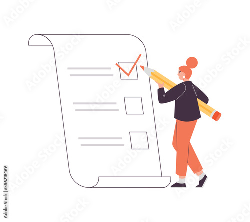 Woman filling ballot in electoral campaign, flat vector illustration isolated.
