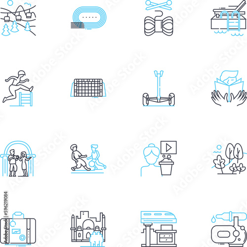 Adventure trip linear icons set. Hiking, Camping, Kayaking, Climbing, Rafting, Trekking, Biking line vector and concept signs. Wildlife,Scuba,Ziplining outline illustrations photo