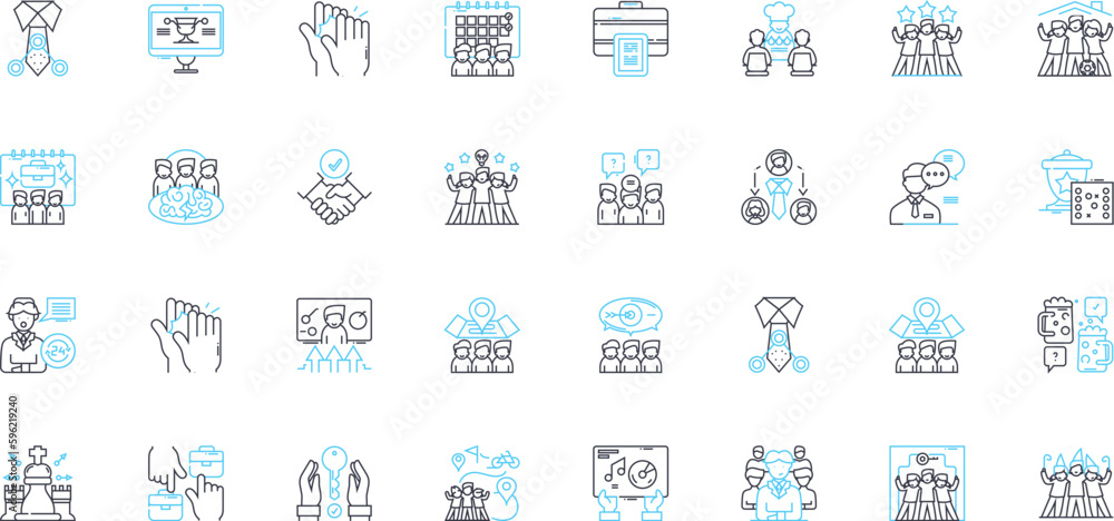Staff assembly linear icons set. Collaboration, Communication, Unity, Meeting, Diversity, Community, Support line vector and concept signs. Connection,Empowerment,Teamwork outline illustrations Staff assembly linear icons set. Collaboration, Communication, Unity, Meeting, Diversity, Community, Support line vector and concept signs. Connection,Empowerment,Teamwork outline illustrations