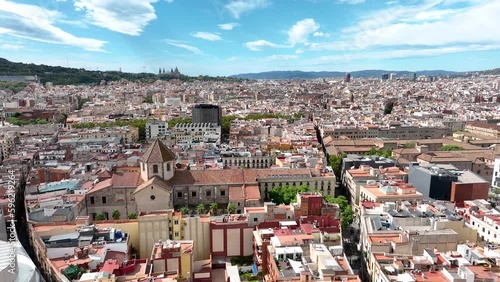 Drone view of Ciutat Vella, Barcelona. Old district with church. photo