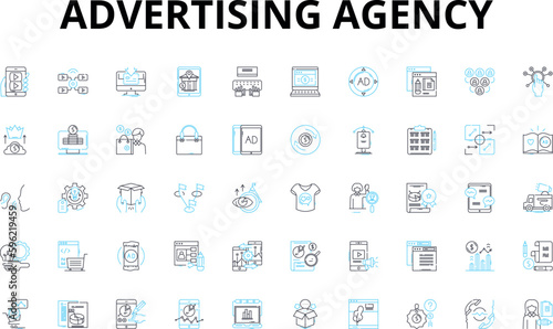 Advertising agency linear icons set. Creativity, Campaigns, Branding, Strategy, Analytics, Marketing, Advertising vector symbols and line concept signs. Messaging,Promotion,Design illustration