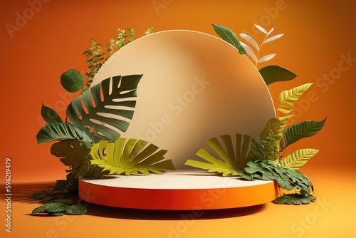 Creative podium, empty round stage decorated with tropical plant leaves, orange background. Minimalism, product showcase, copy space