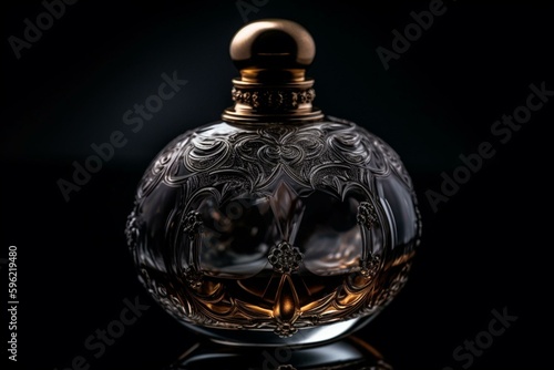 Perfume bottle, black background, mirrored reflection. Generative AI
