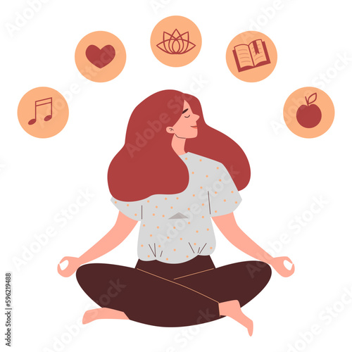 Stress relief with woman practicing yoga meditation, flat vector isolated.
