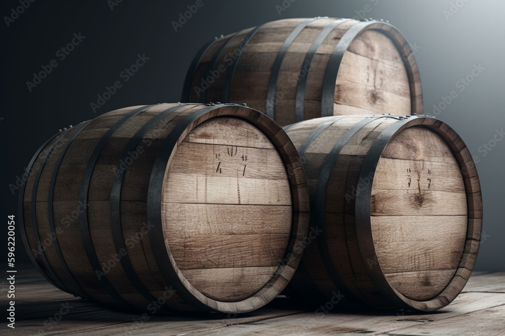 Stacked wooden barrels on white background. Generative AI