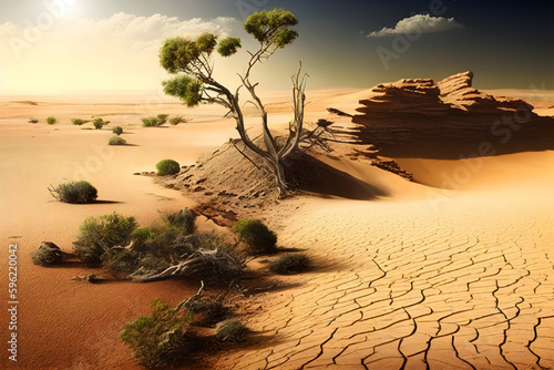 Green tree on cracked earth. Climate change with desertification process. Generated AI