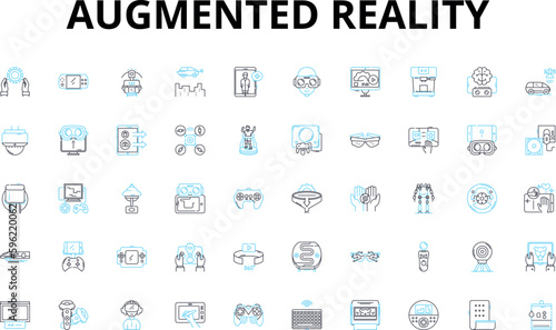 Augmented reality linear icons set. Hologram, Virtual, Overlay, Immersive, Interactive, Projection, Adaptation vector symbols and line concept signs. Simulation,Enhancement,D illustration