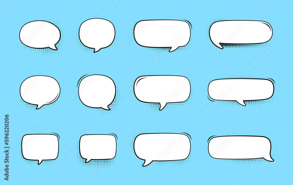 Retro empty speech bubble with black halftone shadows set. Vector illustration comic manga text frame, vintage design, pop art style Retro empty speech bubble with black halftone shadows set. Vector illustration comic manga text frame, vintage design, pop art style