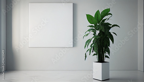 Mockup illustration featuring a white wall and a plant  with vacant space for a poster or painting