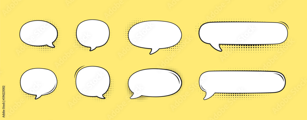 Retro speech bubble with black halftone shadows on yellow background template set. Vector illustration blank comic text frame, vintage design, pop art style Retro speech bubble with black halftone shadows on yellow background template set. Vector illustration blank comic text frame, vintage design, pop art style