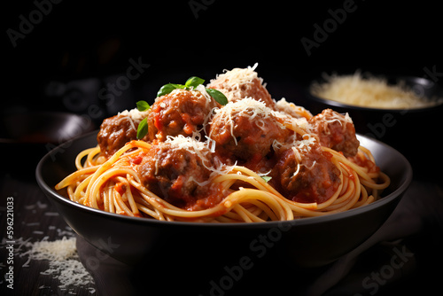 spaghetti with meatballs in an italian restaurant