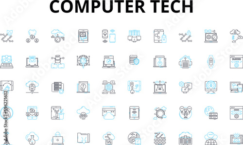 Computer tech linear icons set. Hardware, Software, Processor, Memory, Graphics, LAN, WAN vector symbols and line concept signs. Internet,Firewall,Encryption illustration photo