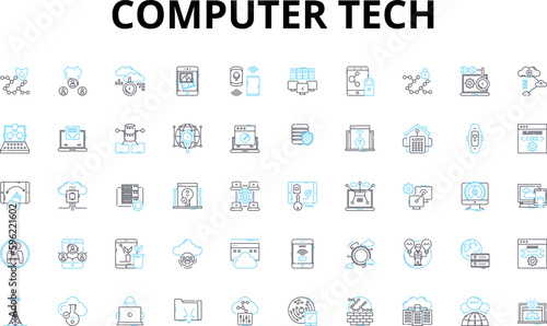 Computer tech linear icons set. Hardware, Software, Processor, Memory, Graphics, LAN, WAN vector symbols and line concept signs. Internet,Firewall,Encryption illustration