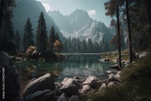 Scenic mountain lake landscape. Generative AI