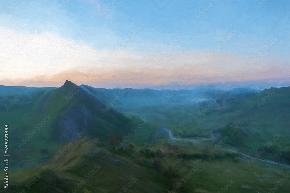 Digital painting of sunrise on Parkhouse Hill and Chrome Hill in the Peak District National Park.