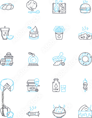 Epicurean tales linear icons set. Gastronomy, Pleasure, Indulgence, Sensuality, Decadence, Gourmet, Feast line vector and concept signs. Excess,Bliss,Luxurious outline illustrations