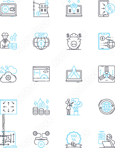 Financial world linear icons set. Investment, Banking, Economy, Stock, Capital, Finance, Market line vector and concept signs. Debt,Assets,Credit outline illustrations