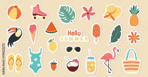 A set of summer beach stickers in retro colors. Vector illustration © Myurenn
