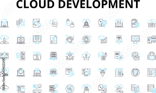 Cloud development linear icons set. Scalability, Virtualization, Automation, Containerization, DevOps, Microservices, Cloud-native vector symbols and line concept signs. Agility,Orchestration,Cloud