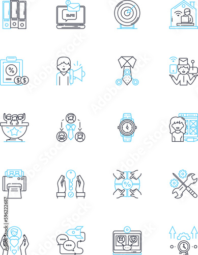 Workplace linear icons set. Collaborative, Professional, Productive, Efficient, Organized, Diverse, Inclusive line vector and concept signs. Supportive,Motivating,Innovative outline illustrations