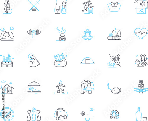 Adventure trips linear icons set. Expedition, Trekking, Safari, Rafting, Camping, Hiking, Mountaineering line vector and concept signs. Climbing,Bungee,Zipline outline illustrations