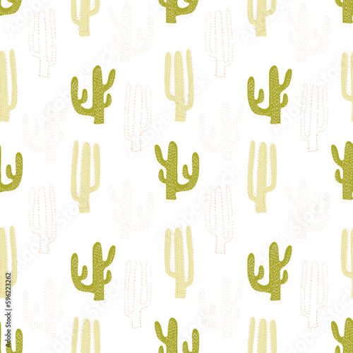 Seamless pattern with doodle cacti on a white background. Tropical exotic plant with thorns. Mexico symbol. Use for clothing design, packaging, covers.