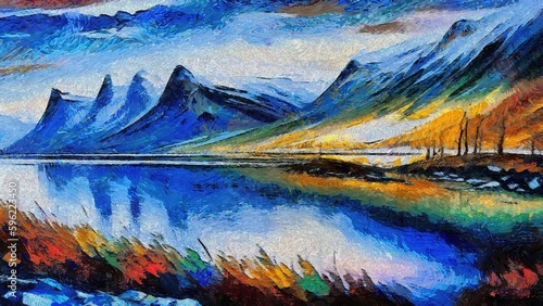 Landscape with mountains and river. Oil painting on canvas. Hand-drawn illustration. © AnnArts