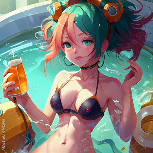 Anime girl in swim suit taking bath