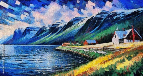 Original oil painting on canvas of house on the shore of the fjord