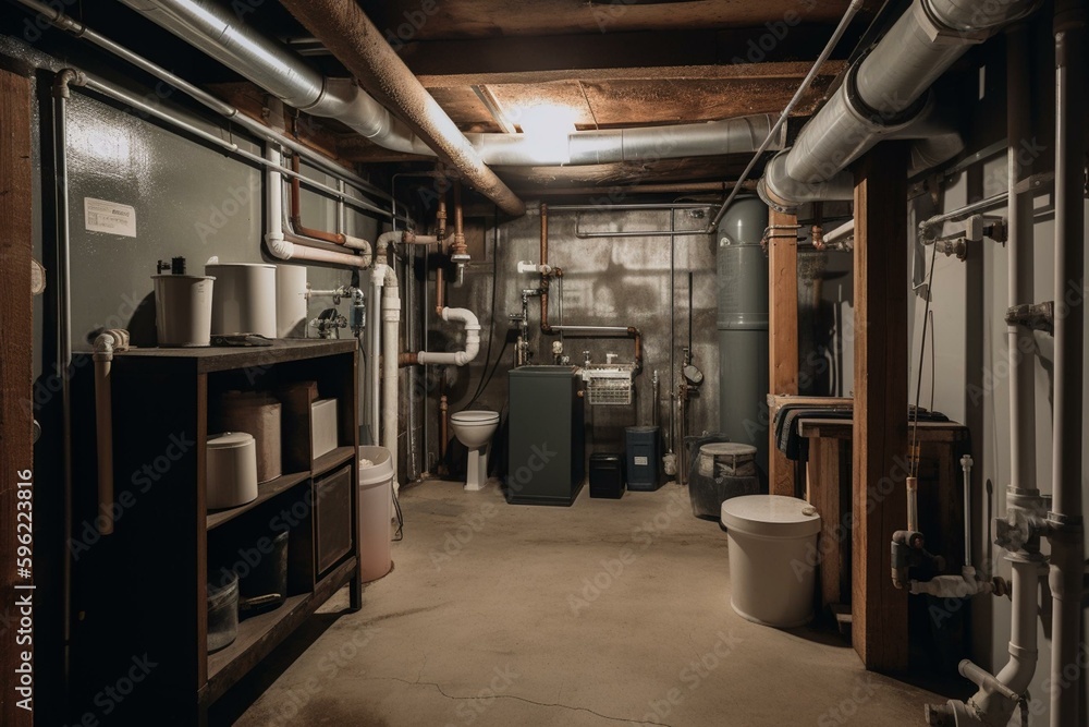 Unfinished basement with tankless water heater, storage & mechanical systems. Generative AI