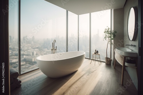 Bright bathroom with bathtub, empty wall, stool, towels, oak floor, panoramic window, skyscraper view. Generative AI © Tanith