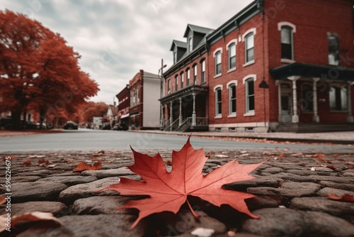 Photo of Port Hope, a town in Ontario, Canada, with a Canadian maple leaf. Generative AI photo