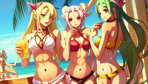 anime girls in bikini dancing at the party Generative AI