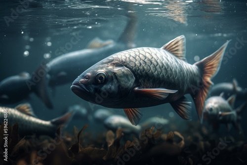 Illustration of fish swimming in water. Generative AI