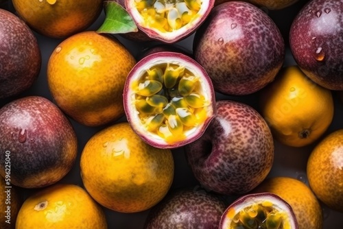 Full frame of fresh Passionfruits. Fresh ai generated Passionfruits.
