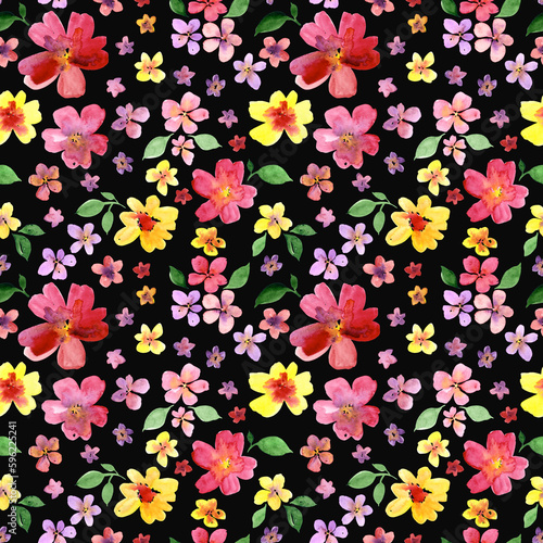 Seamless pattern of watercolor pink and yellow flowers and green leaves. Hand drawn illustration. Botanical hand painted floral elements on dark background.