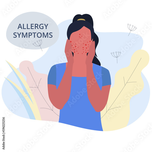 Seasonal allergy. Woman with red skin rash. Woman scratching skin on her face