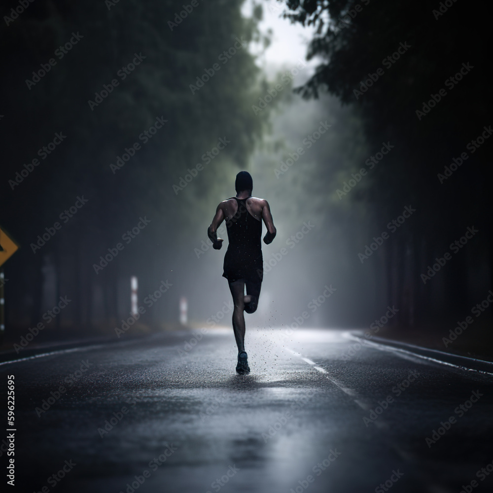 athlete runnerforest trail in the rain - obrazy, fototapety, plakaty 