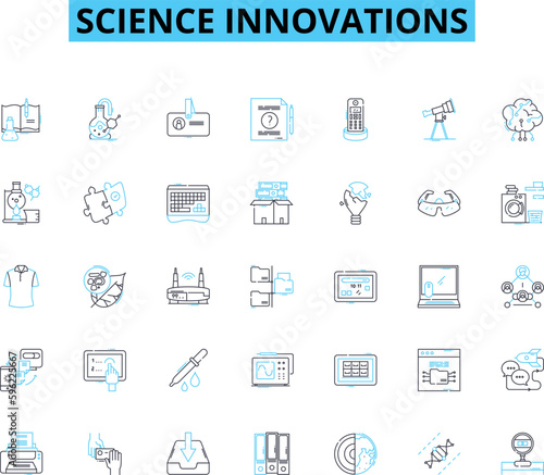 Science innovations linear icons set. Biotechnology, Nanotechnology, Robotics, Genetics, Quantum, Neuroscience, Biomechanics line vector and concept signs. Materials,Climate,Cybersecurity outline