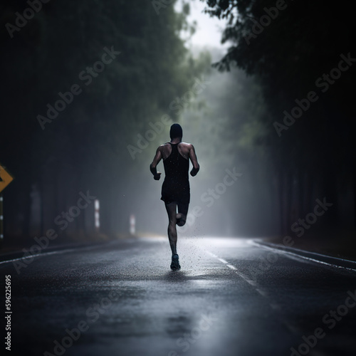 Print op canvas athlete runnerforest trail in the rain