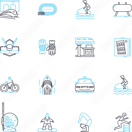 Pleasure amusement linear icons set. Bliss, Thrill, Joy, Delight, Euphoria, Excitement, Rapture line vector and concept signs. Enjoyment,Amusement,Fun outline illustrations